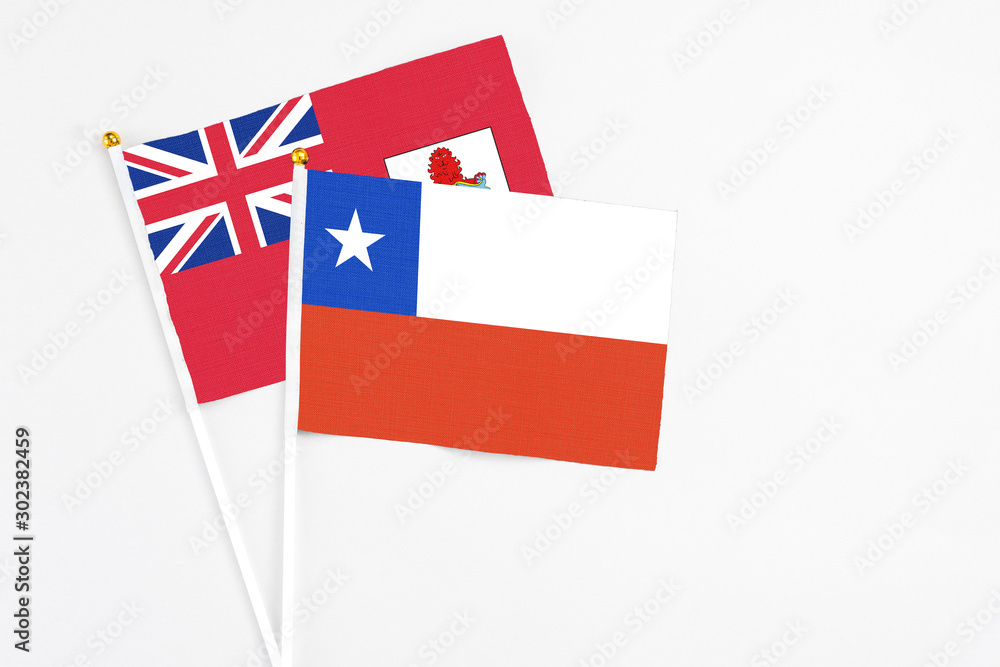Fototapeta premium Chile and Bermuda stick flags on white background. High quality fabric, miniature national flag. Peaceful global concept.White floor for copy space.