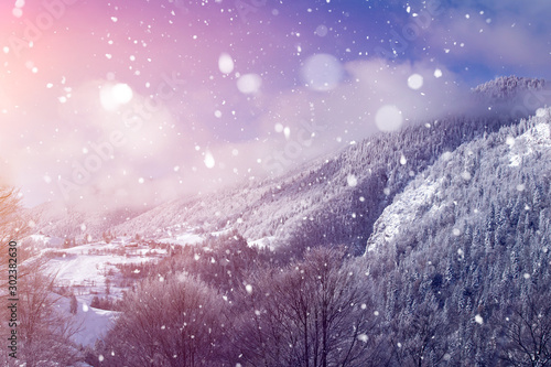 Falling snow over fairy landscape © erika8213