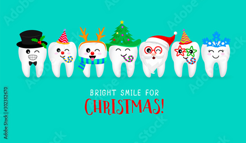 Set of Christmas tooth characters. Emoticons facial expressions. Funny dental care concept. Vector illustration isolated on green background.