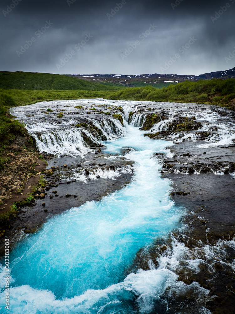 Blue Bruarfoss waterfalls in iceland
