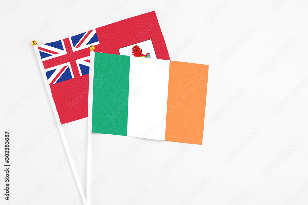 Ireland and Bermuda stick flags on white background. High quality fabric, miniature national flag. Peaceful global concept.White floor for copy space. Ireland and Bermuda stick flags on white background. High quality fabric, miniature national flag. Peaceful global concept.White floor for copy space.