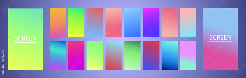 Vector EPS 10 Gradient Set. Different colors. Modern Smartphone screen, mobile app Template. Design for Wallpaper, background, banner, flyer, Social media post. 