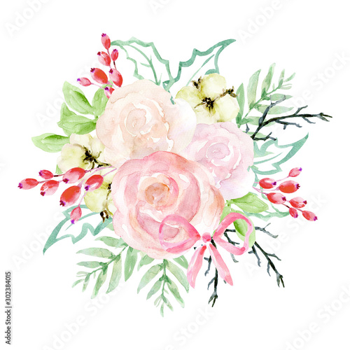 Watercolor Bridal illustration rose pastel pink Botanical leaves collection Set of ribbon garden and abstract lelements arrangements hand painted bouquet wreath pattern