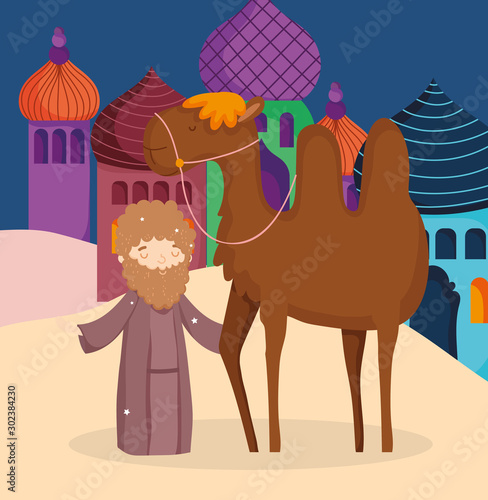 shepherd with camel desert manger nativity, merry christmas