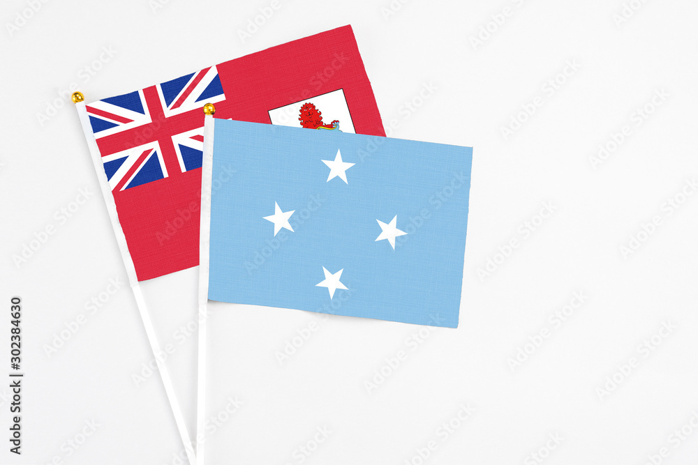 Fototapeta premium Micronesia and Bermuda stick flags on white background. High quality fabric, miniature national flag. Peaceful global concept.White floor for copy space.