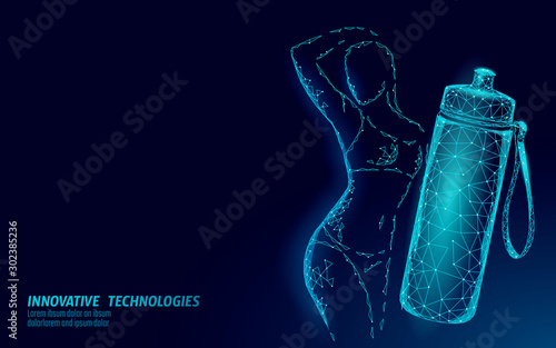 Water aqua bottle athletic woman rehydration concept. Health care against dehydration isotonic electrolytes drink. Fitness shape workout gym slim fit exercise. Low poly 3D vector illustration
