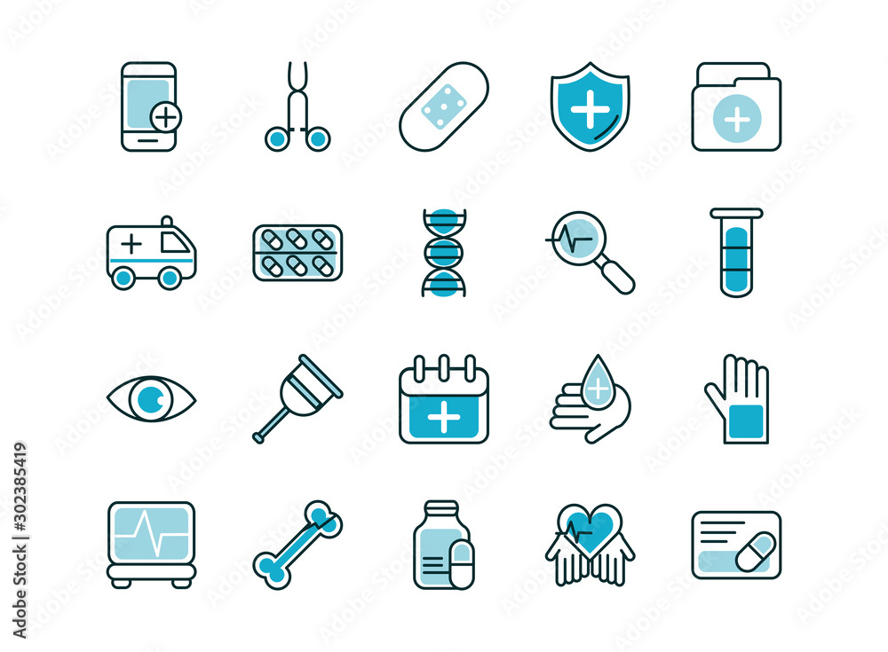healthcare equipment medical icons set line fill healthcare equipment medical icons set line fill