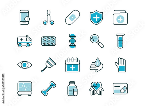 healthcare equipment medical icons set line fill