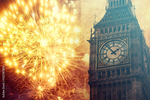 Explosive fireworks around Big Ben.