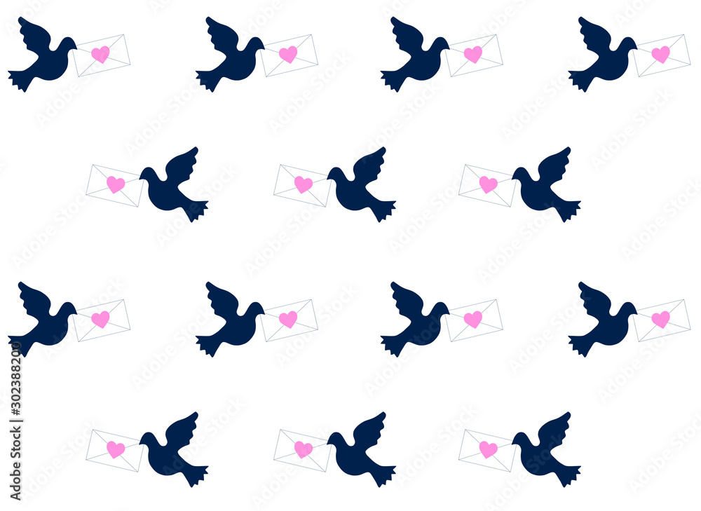 Fototapeta premium abstract vector pattern for Valentine's Day with birds and hearts on a white background