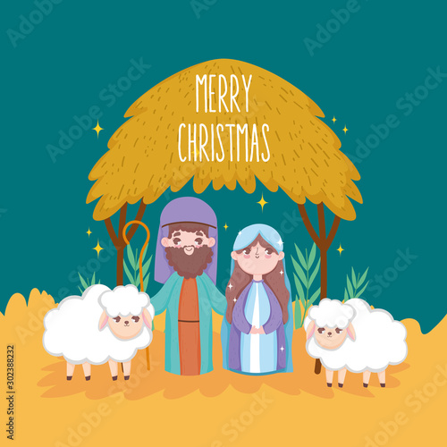 mary joseph with sheeps hut manger nativity, merry christmas