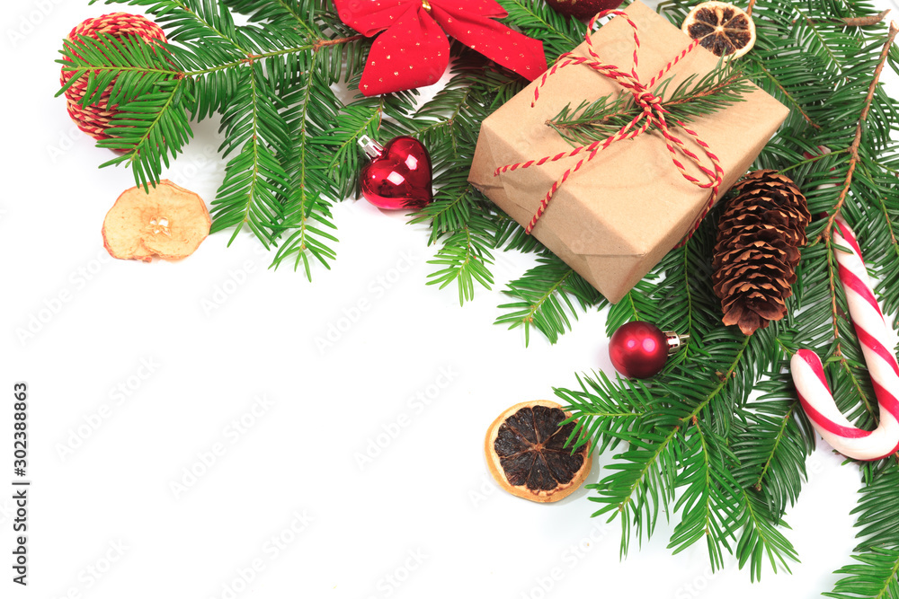 Christmas composition. Gifts, fir tree branches. Christmas, winter, new year concept. Flat lay, top view, copy space - Image Christmas composition. Gifts, fir tree branches. Christmas, winter, new year concept. Flat lay, top view, copy space - Image
