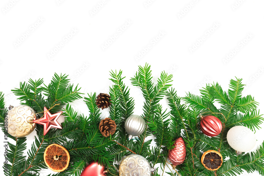 Christmas composition. Gifts, fir tree branches. Christmas, winter, new year concept. Flat lay, top view, copy space - Image