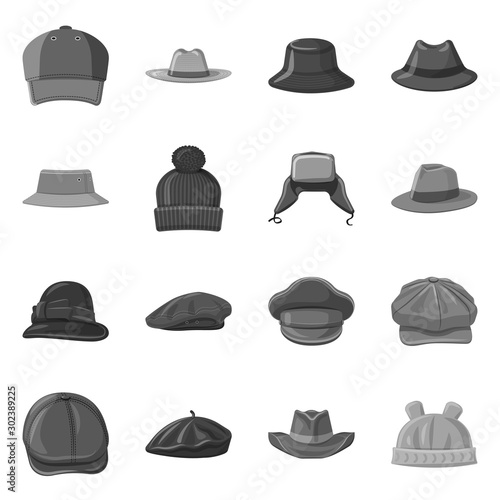Vector design of headgear and cap logo. Collection of headgear and accessory stock symbol for web.