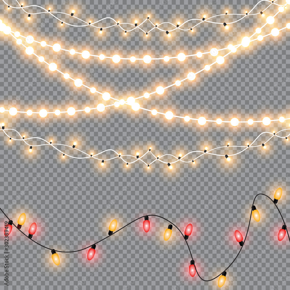 Glowing Christmas lights isolated realistic design elements. Garlands, Christmas decorations lights effects. - obrazy, fototapety, plakaty 