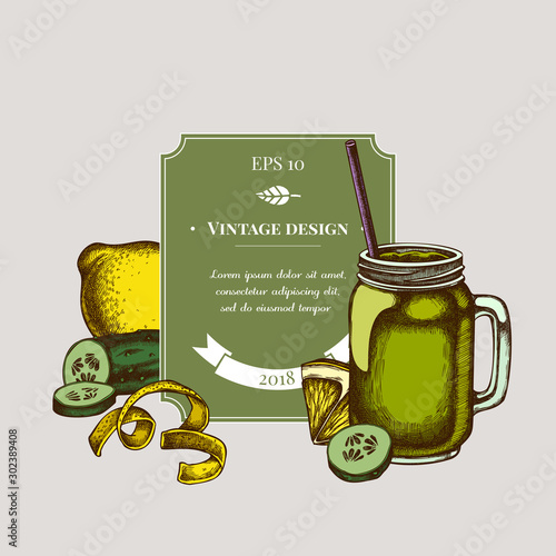Badge design with colored lemons, smothie jars, cucumber