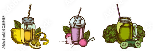 Smoothies set of colored lemons, broccoli, radish, basil, smoothie cup, smothie jars, cucumber