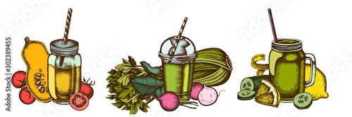 Smoothies set of colored lemons, radish, cherry tomatoes, pumpkin, smoothie cup, smothie jars, cucumber, celery