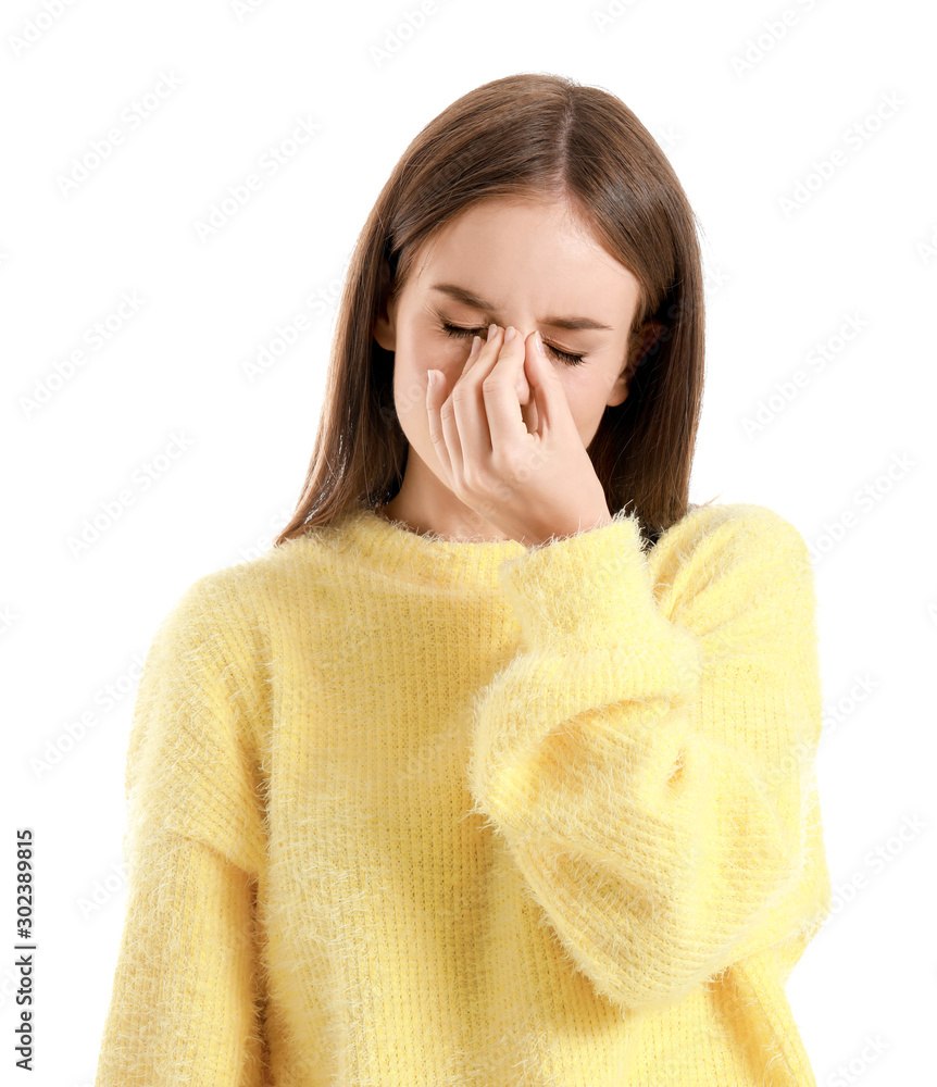 Young woman suffering from headache on white background Young woman suffering from headache on white background