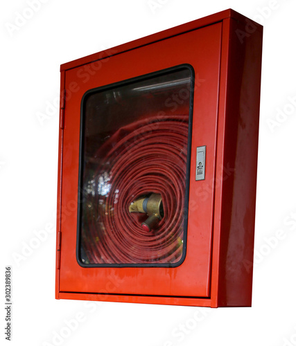 fire hose and fire extinguisher in hotel corridor isolated on white background with clipping path