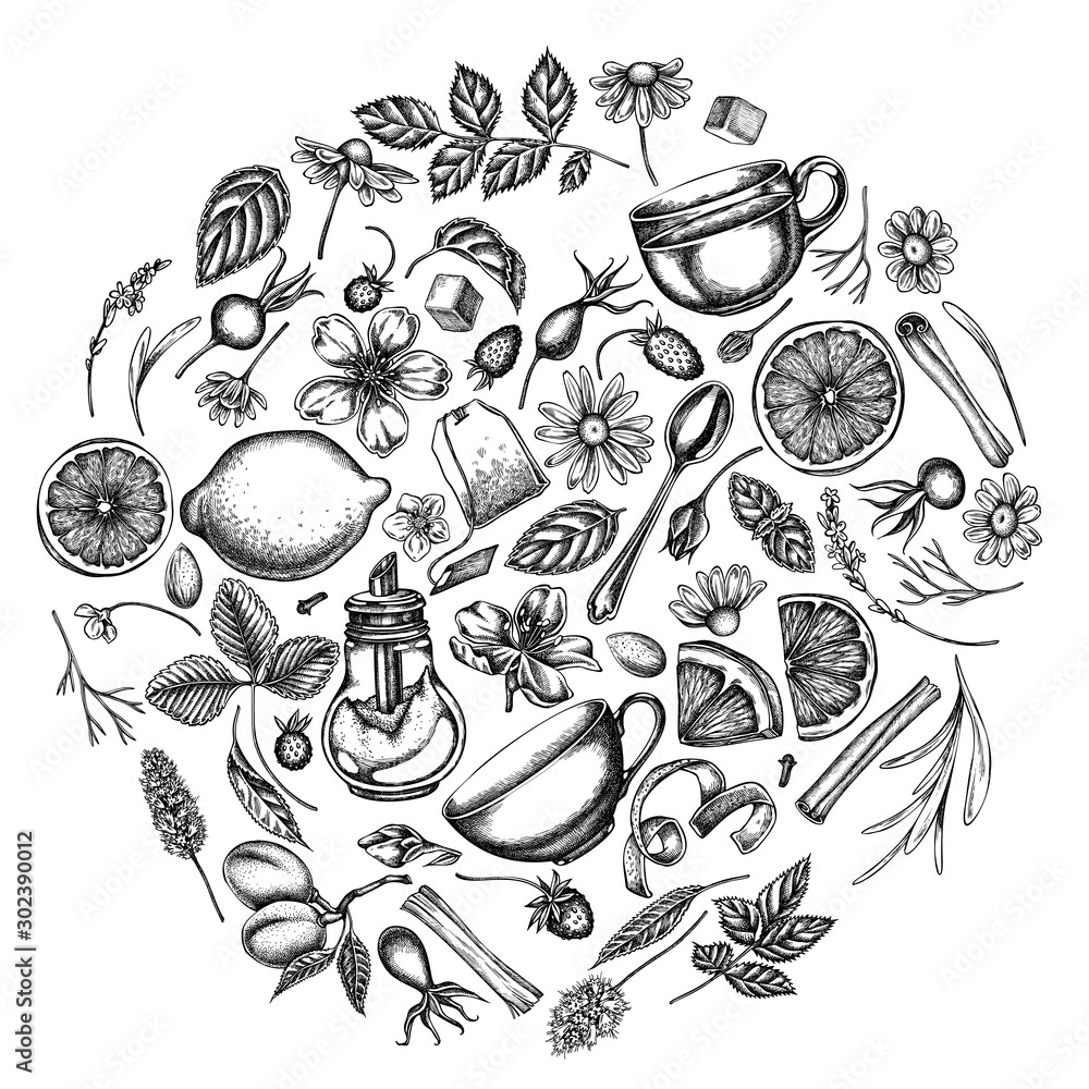 Round design with black and white cinnamon, lemons, oranges, tea bag, sugar cubes, heather, chamomile, dog rose, peppermint, almond, strawberry, teaspoon, teapots, cups, sugar bowl