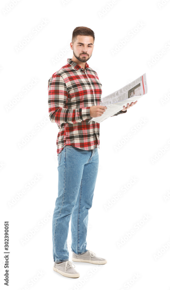 Handsome man with newspaper on white background Handsome man with newspaper on white background