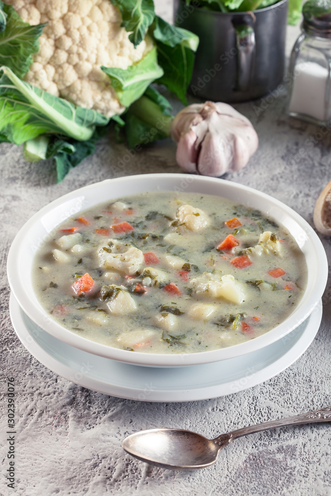 Vegetable soup with ingredients cauliflower