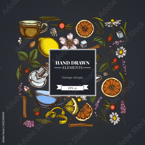 Square design on dark background with cinnamon, lemons, oranges, tea bag, sugar cubes, heather, chamomile, dog rose, peppermint, almond, strawberry, teaspoon, teapots, cups, sugar bowl