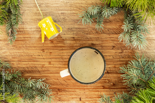 empty mug and watering pot on wooden table with garden decorations, top view, flatlay