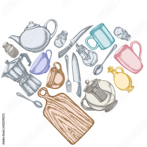 Heart design with pastel Chef s knifes, teaspoon, spoon, fork, knife, cutting board, bottle of oil, teapots, coffee pot, cups, sugar bowl, pepper shaker, salt shaker © Sad