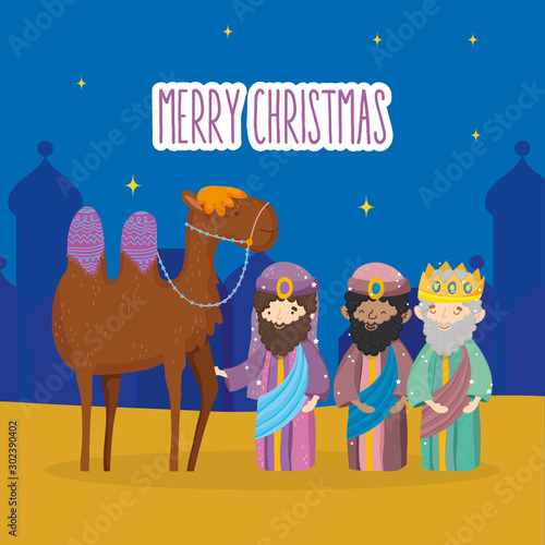 three wise kings and camel manger nativity, merry christmas