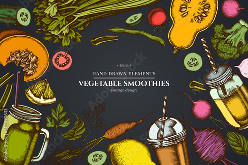 Design on dark background with lemons, broccoli, radish, green beans, cherry tomatoes, beet, greenery, carrot, basil, pumpkin, smoothie cup, smothie jars, cucumber, celery