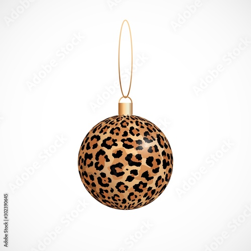 Vector leopard print skin Christmas ball isolated on white background. Winter holiday decoration template. Merry Christmas trendy icon, Xmas ball for design, banner, poster, card.