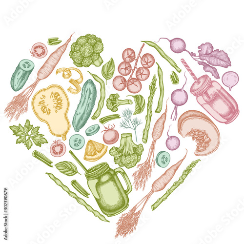 Heart design with pastel lemons, broccoli, radish, green beans, cherry tomatoes, beet, greenery, carrot, basil, pumpkin, smoothie cup, smothie jars, cucumber, celery