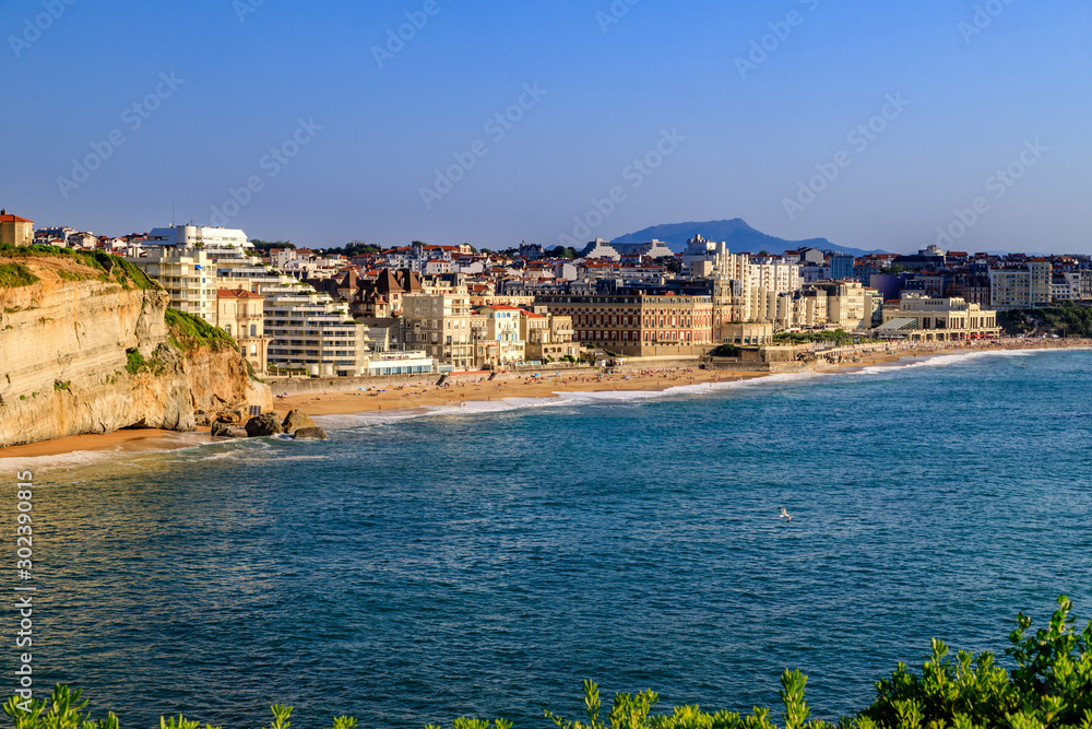 Biarritz, the famous resort in France. Panoramic view of the city and the beaches. Holidays in France.