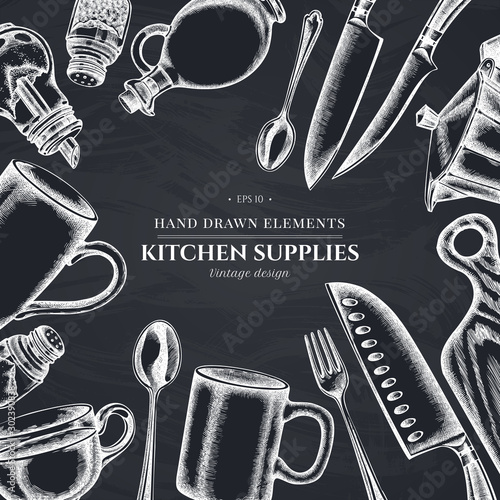 Design with chalk Chef's knifes, teaspoon, spoon, fork, knife, cutting board, bottle of oil, teapots, coffee pot, cups, sugar bowl, pepper shaker, salt shaker