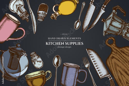 Design on dark background with Chef's knifes, teaspoon, spoon, fork, knife, cutting board, bottle of oil, teapots, coffee pot, cups, sugar bowl, pepper shaker, salt shaker