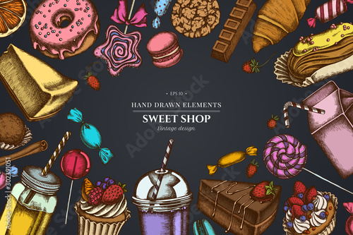 Design on dark background with cinnamon, macaron, lollipop, bar, candies, oranges, buns and bread, croissants and bread, strawberry, milk boxes, smoothie cup, lollipop, smothie jars, cheesecake