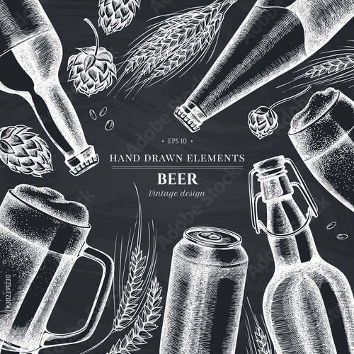 Design with chalk rye, hop, mug of beer, bottles of beer, aluminum can