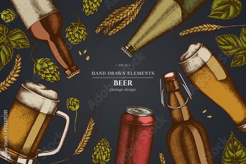 Design on dark background with rye, hop, mug of beer, bottles of beer, aluminum can