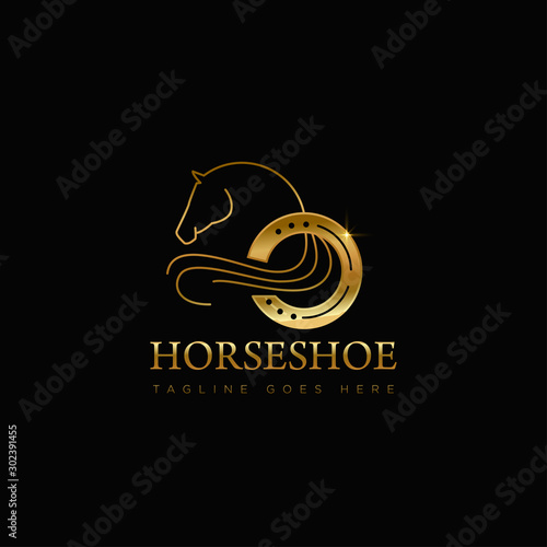 gold logo horseshoe, with line art horse vector