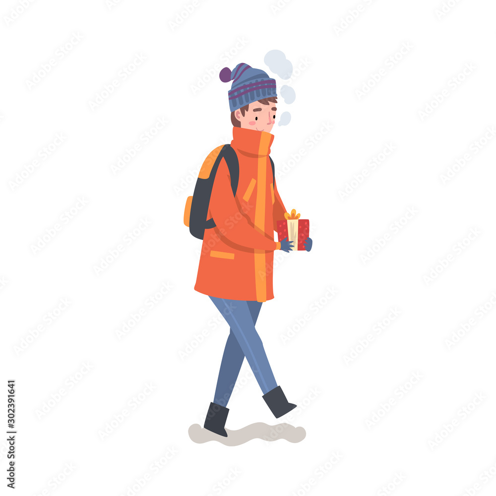 Teenage Boy with Backpack in Winter Clothing Walking with Gift Box, Boy Preparing for Christmas and Giving Present Vector Illustration