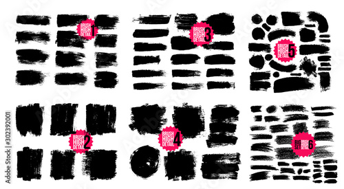 Big set of brush strokes. Paintbrush, grunge design elements. Rectangle text boxes. Round speech bubbles Thin dirty distress texture banners. Grunge painted badges. Ink splatters. Vector illustration.