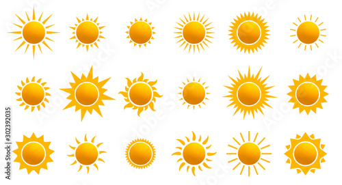 Big set of realistic sun icon for weather design. Sun pictogram, flat icon. Trendy summer symbol for website design, web button, mobile app. Template vector illustration. Isolated on white background.