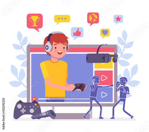 Game streamer boy. Young popular man broadcasting online, live streaming as hobby or profession, freelance job for channel, featuring news, reviews, playthroughs, achievements. Vector illustration