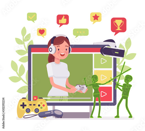 Game streamer girl. Young popular woman broadcasting online, livestreaming as hobby or profession, freelance job for channel, featuring news, reviews, playthroughs, achievements. Vector illustration