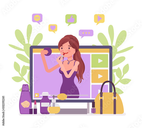 Beauty video blogger. Beautiful young woman creating, posting videos about style, cosmetics, hair-styling, nail art, influencer starting makeup tips blog, successful fashion guru. Vector illustration