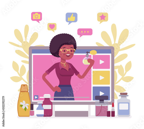 Beauty video blogger. Beautiful black woman creating, posting videos about style, cosmetics, hair-styling, nail art, influencer starting makeup tips blog, successful fashion guru. Vector illustration
