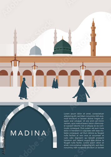 Masjid Nabawi at Madina Saudi Arabia. Important places to go when you go to Hajj&Umrah with minimal style design for brochure template background banner poster flyer Split layer of text and background