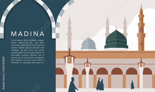 Masjid Nabawi at Madina Saudi Arabia. Important places to go when you go to Hajj&Umrah with minimal style design for brochure template background banner poster flyer Split layer of text and background